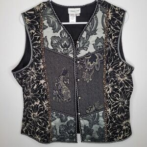 Coldwater Creek Brocade Vest Womens Large Black Gray Mixed Print Tapestry